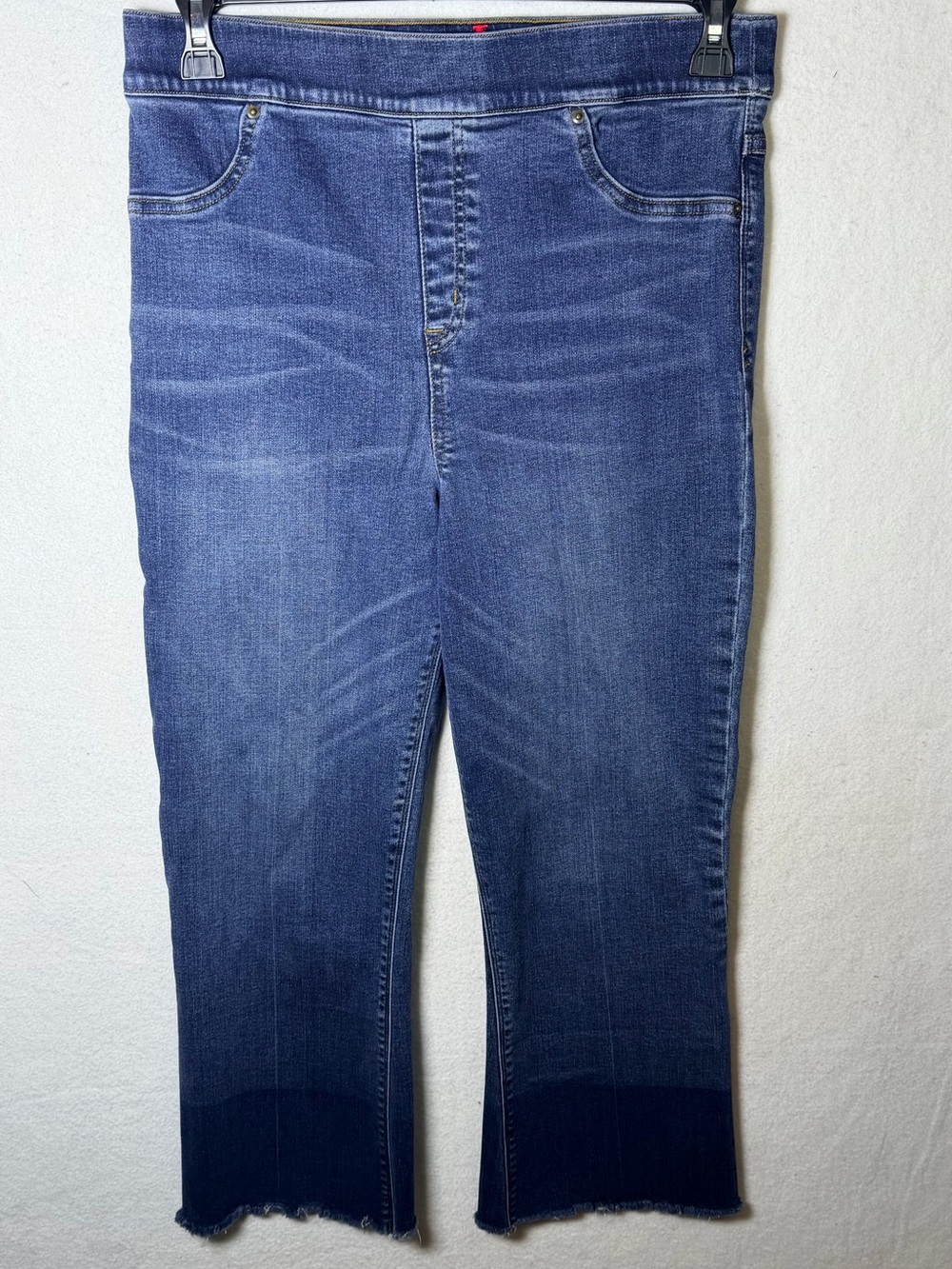SPANX Pull-On Cropped Flare Denim Jeans Size XL Raw Hem Two Tone Blue 20231R